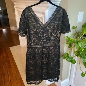 Tadashi Soji formal dress black lace with tan underlay size 14
